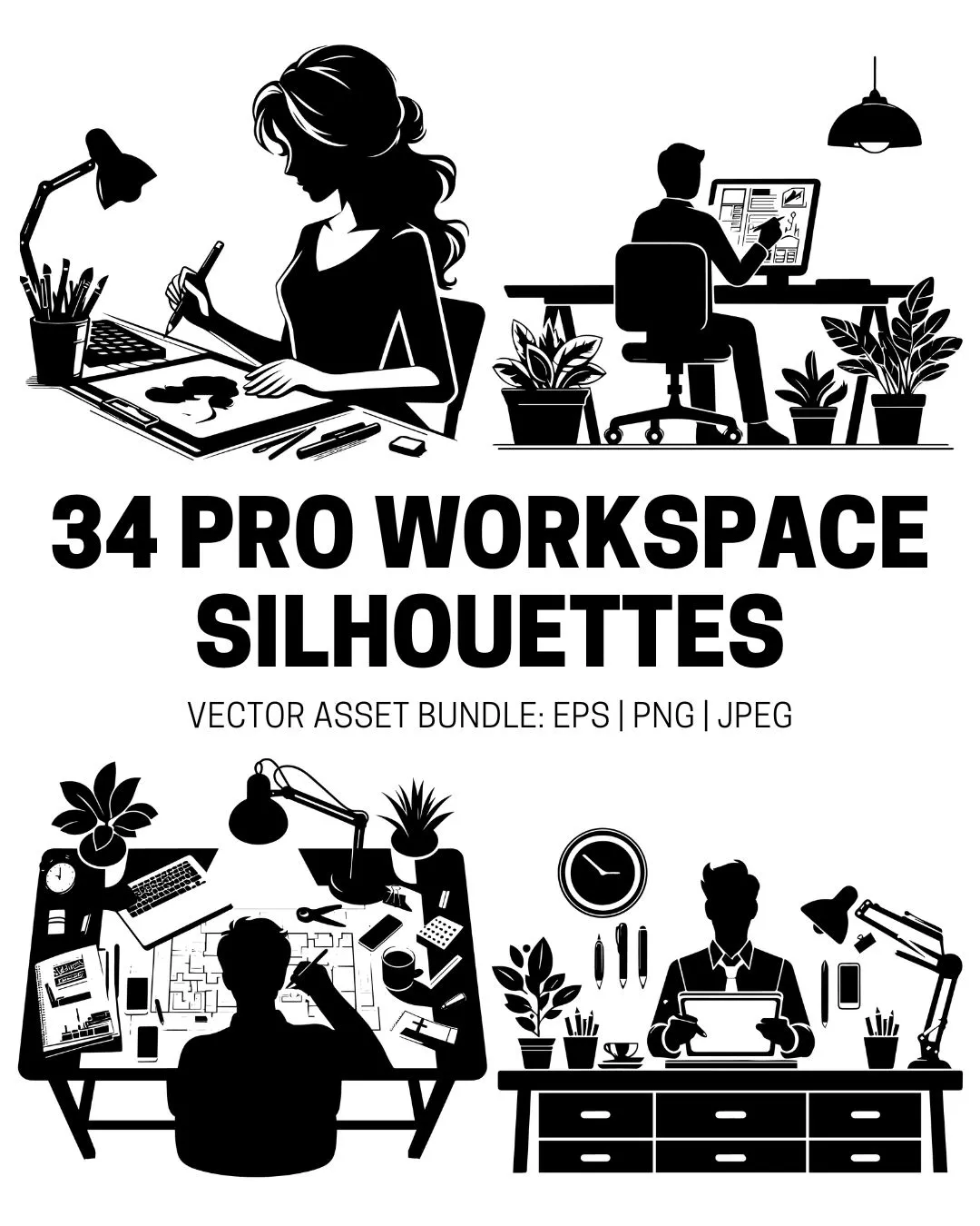 MBS Contact - 34 Pro Workspace Silhouettes Bundle – Vector Office & Artist Desk Graphics 
