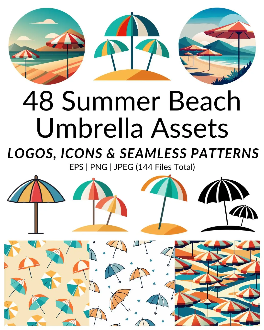MBS Contact - 48 Beach Umbrella Bundle – Colorful Summer Logos, Icons, and Seamless Patterns