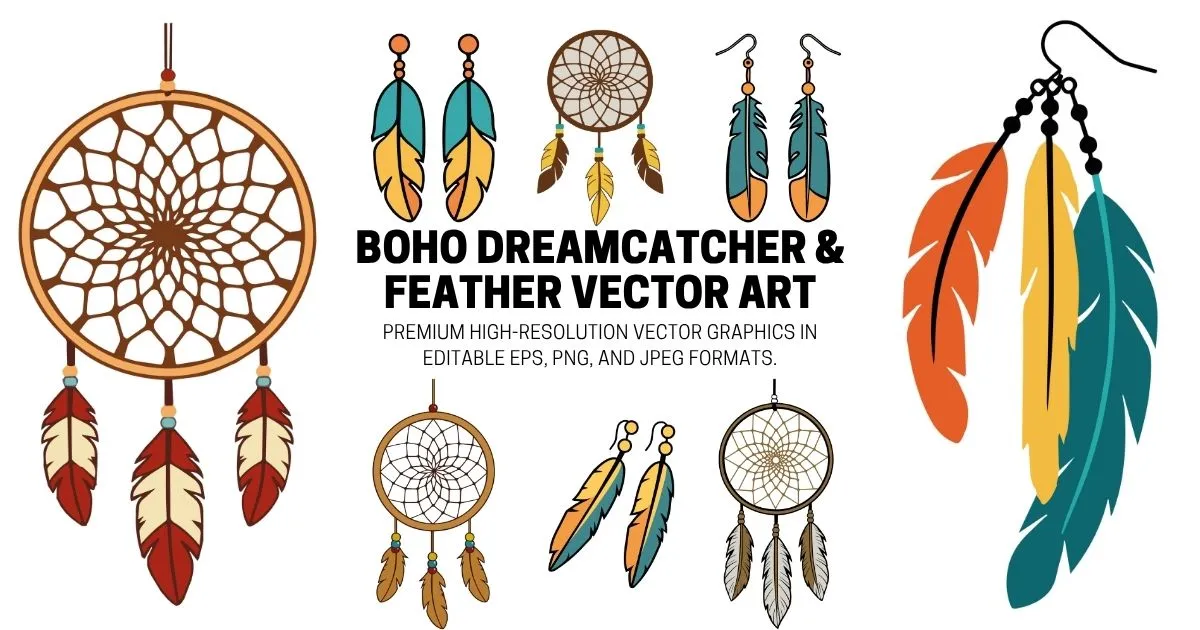 Boho Dreamcatcher and Feather Vector Illustrations - Scalable EPS, PNG, and JPEG