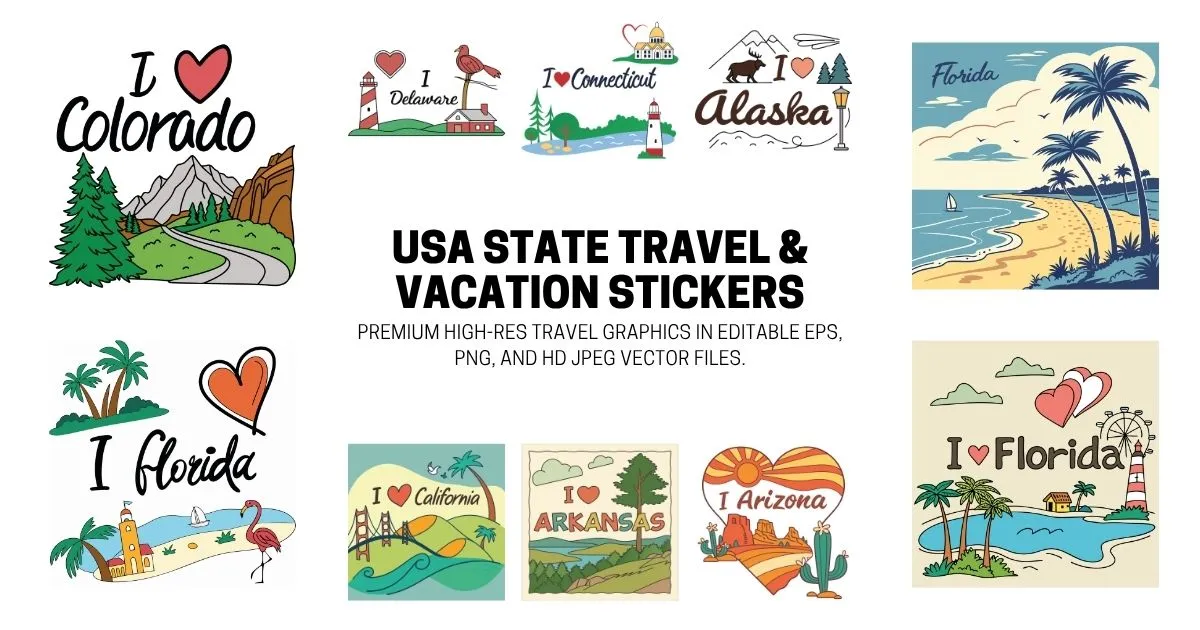 USA State Travel Stickers & Vacation Illustrations - Scalable EPS, PNG, and JPEG