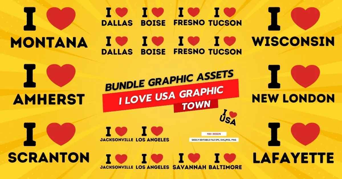I Love USA Town & City Graphic Bundle - Scalable EPS, SVG, PNG, and JPEG Assets