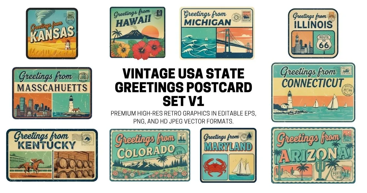 Vintage USA State Greetings Postcard Illustrations - Scalable EPS, PNG, and JPEG
