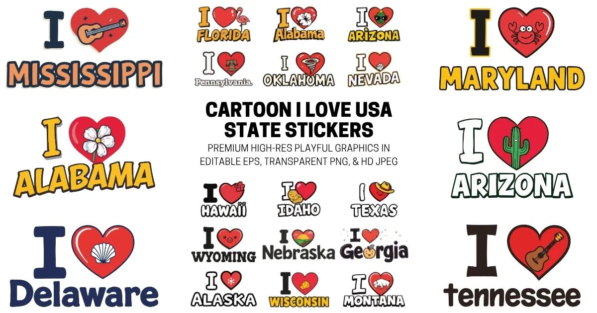 Cartoon I Love USA State Sticker Bundle - Scalable EPS, PNG, and JPEG Graphics