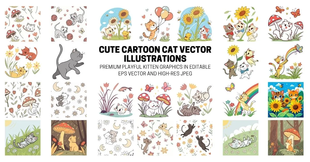 Cute Cartoon Cat and Kitten Vector Illustration Bundle - Scalable EPS and JPEG