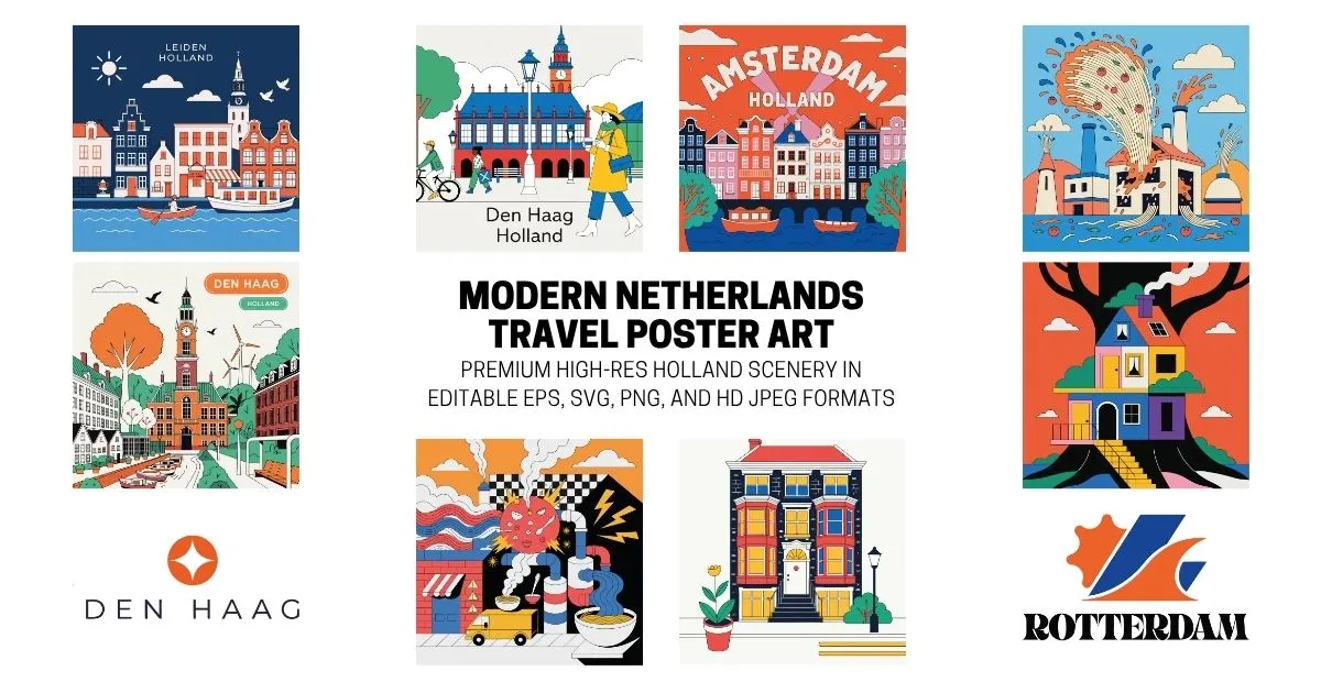 Modern Netherlands Travel Illustrations - Scalable EPS, SVG, PNG, and JPEG Set