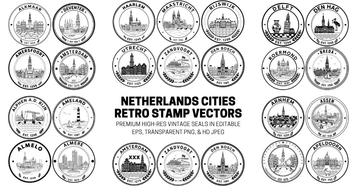 Netherlands Cities Retro Stamp Vector Graphics - Scalable EPS, PNG, and JPEG