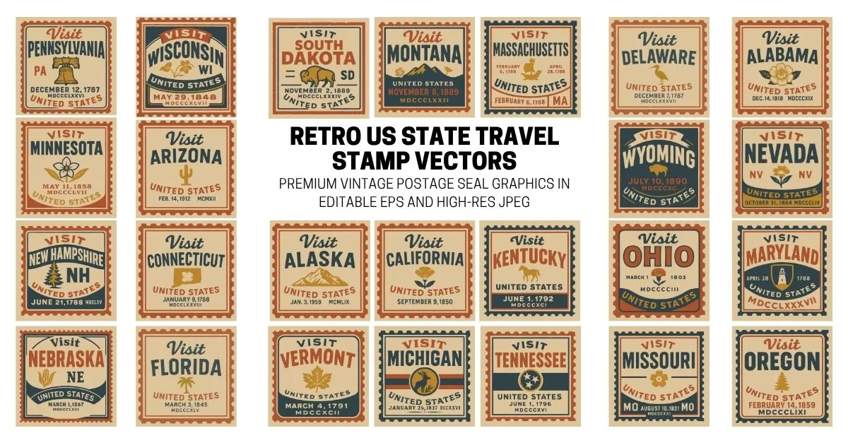 Retro US State Travel Stamp Illustration Bundle - Scalable EPS and HD JPEG