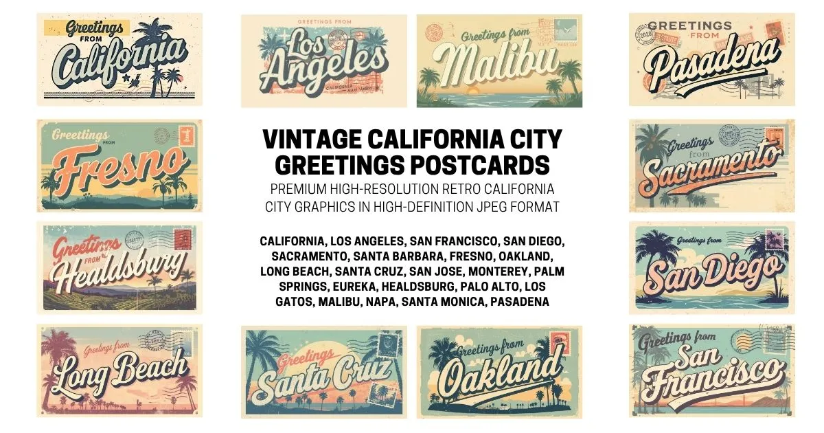 Vintage California City Postcard Collection - Retro High-Definition JPEG Assets