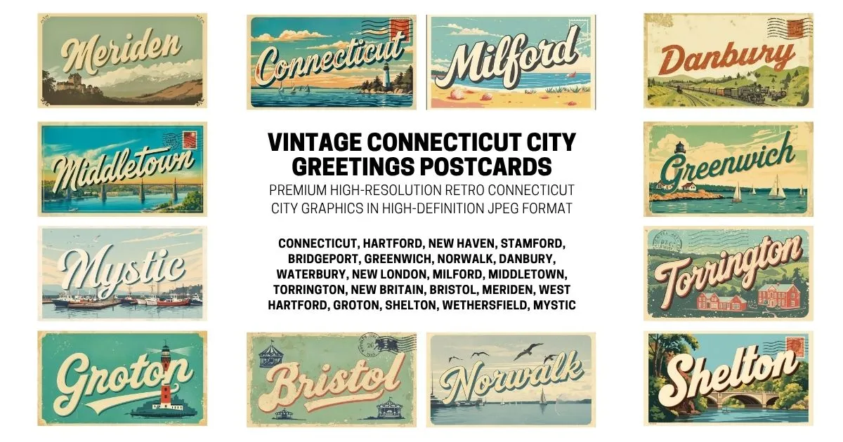 Vintage Connecticut City Postcard Collection - Retro High-Definition JPEG Assets