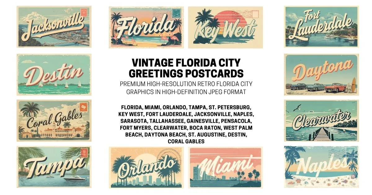Vintage Florida City Postcard Collection - Retro High-Definition JPEG Assets