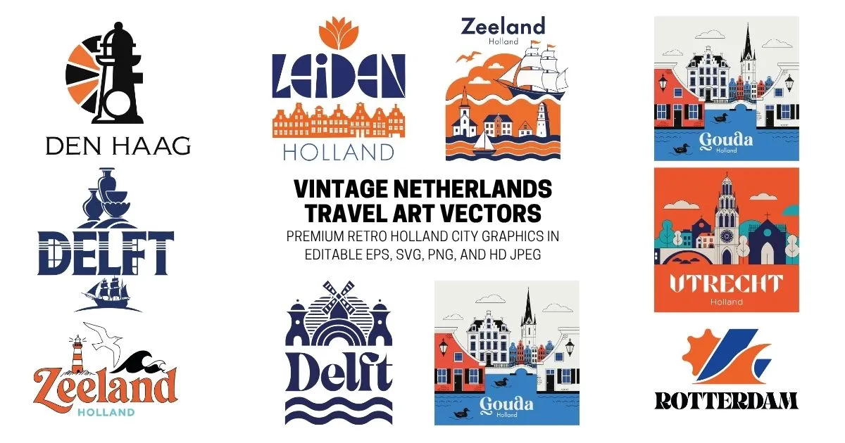 Vintage Netherlands Travel Logo Illustrations - Scalable EPS, SVG, PNG, JPEG